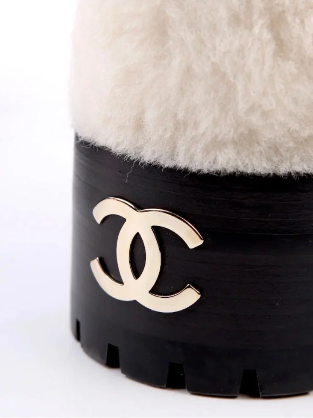 CHANEL Cream Shearling Ankle Boots with Black Leather Trim